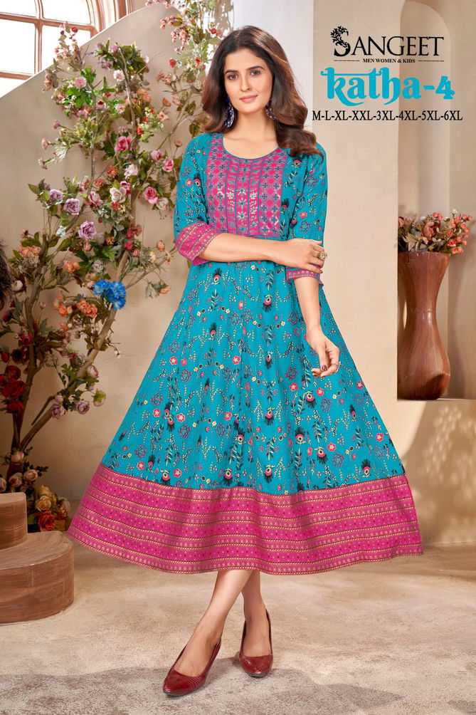 Katha 4 Long Rayon Printed Kurtis Wholesale Clothing Suppliers In India
